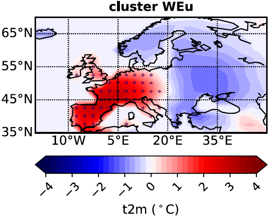 Mean temperature anomaly of western European heatwaves during 1998–2017. 